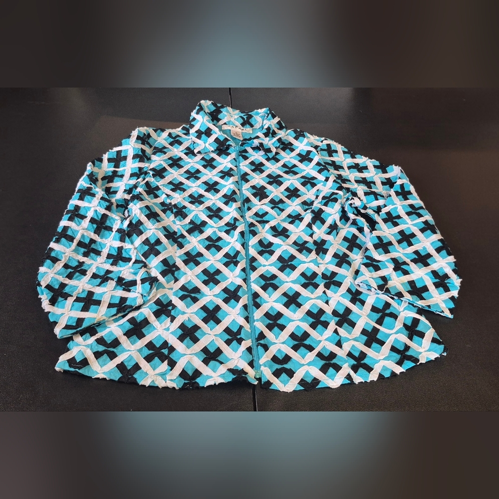 RAFAEL Women's 16 Textured Turquoise Blue Black White Geometric Zip Front Jacket